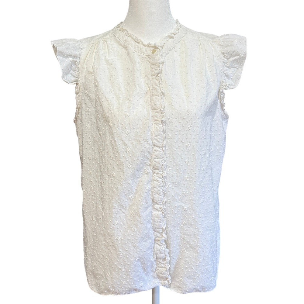 LOFT Womens White Floral Embroidered Ruffle Sleeveless Top Size M Cottagecore - Picture 1 of 9